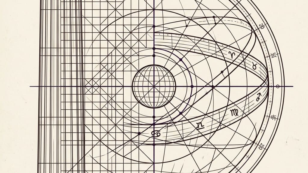 A purely visual diagram of an ancient Greek column merging into a highly structured geometric grid and celestial sphere