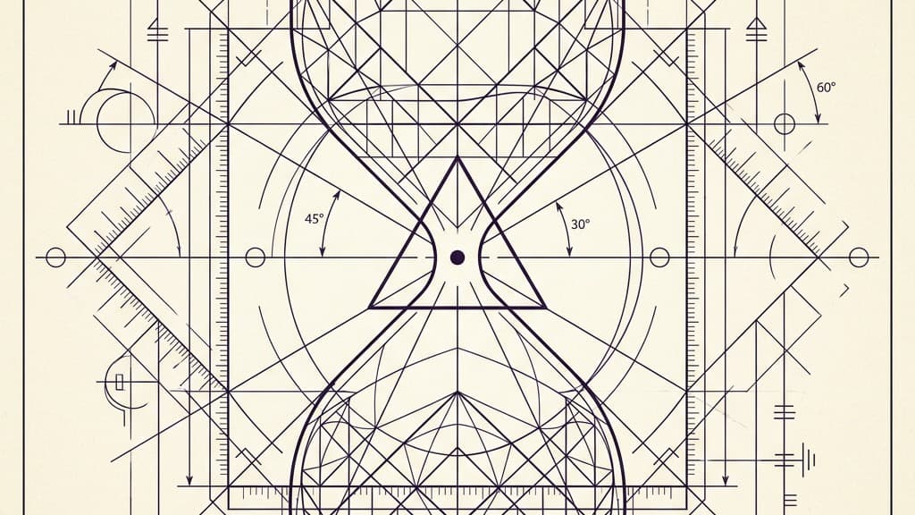 A purely visual diagram of a complex hourglass intersected by precise drafting angles and a single focused dot inside a triangle