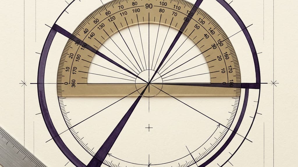 A purely visual diagram showing a circle precisely divided into unequal wedges using a protractor and straightedges