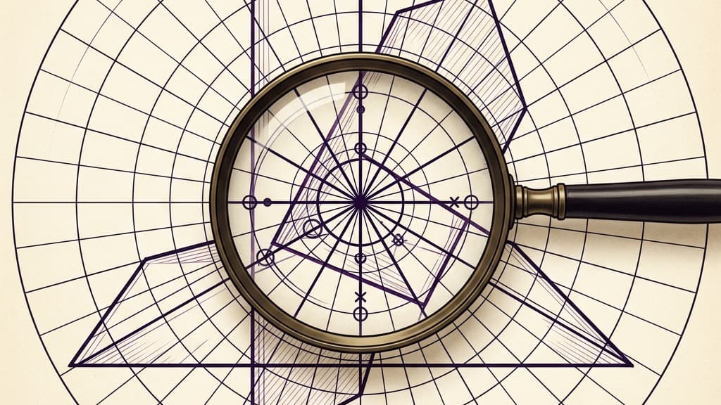 A purely visual diagram of a magnifying glass focusing on the structural intersection of three geometric planes over a circular grid