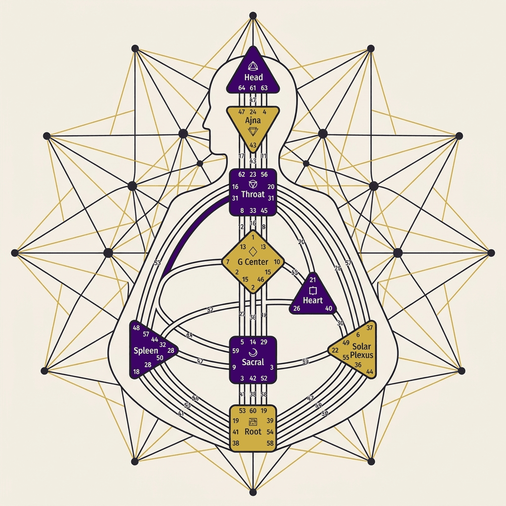 A highly detailed flat vector diagram of a Human Design bodygraph showing the 9 chakra centers and connecting channels overlaying a geometric star pattern.