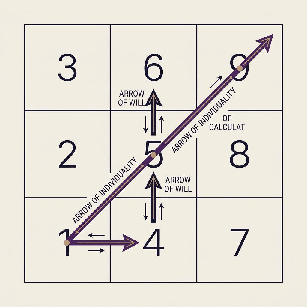 Detailliertes flaches Vektordiagramm eines pythagoräischen Numerologie-Gitters mit den Einzelziffern 1 bis 9 und eleganten Pfeilen, die die Pfeile der Individualität und des Willens darstellen.