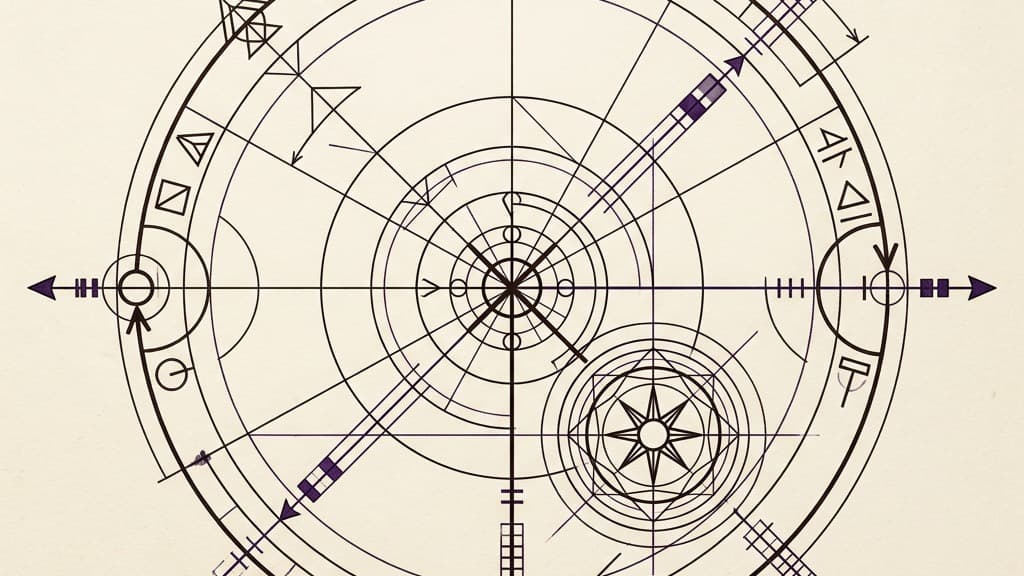 A purely visual diagram of a large circle returning to a defined zero-point, marked by compass coordinates and a solar focus point