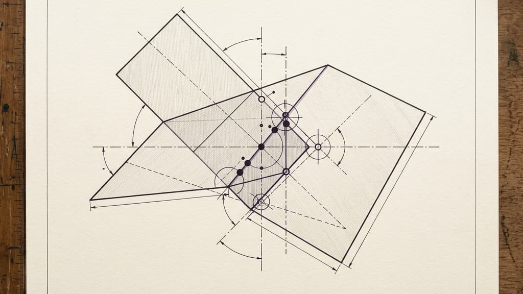 A purely visual diagram showing two overlapping semi-transparent geometric planes intersecting, with precisely drafted connection points marked