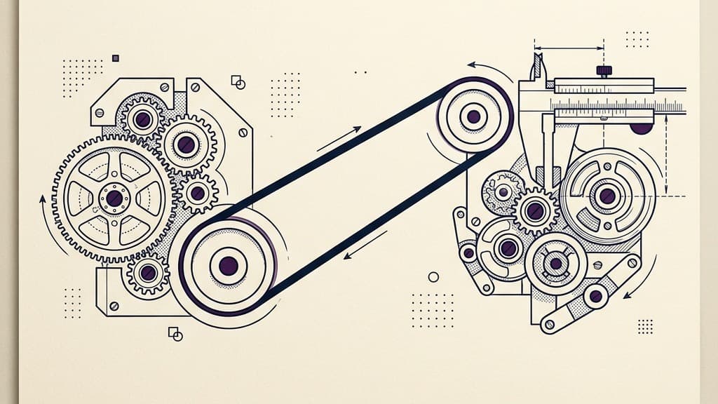 A purely visual diagram showing two independent mechanical systems linked by a central drive belt and measured with calipers