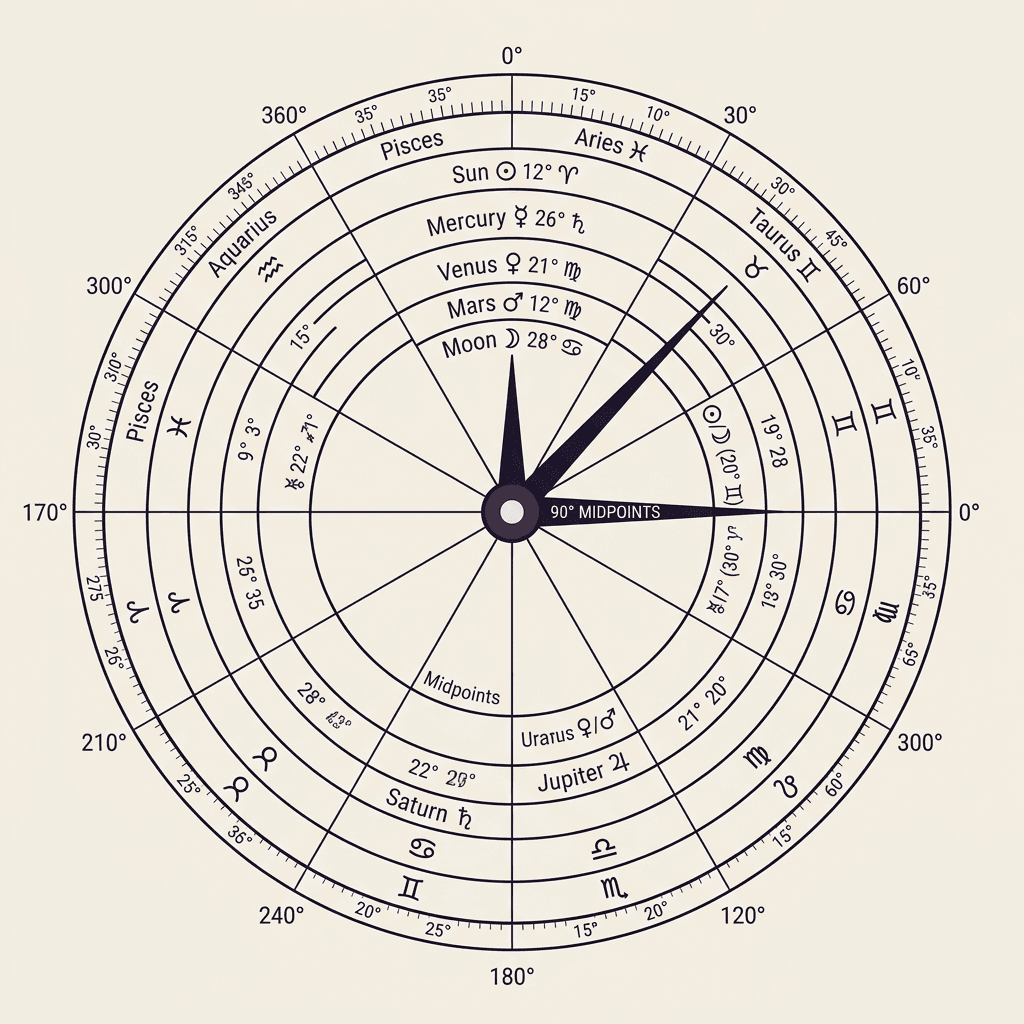 A highly detailed flat vector diagram of a 360-degree Uranian astrology dial, showing a prominent pointer highlighting 90-degree midpoint axes.