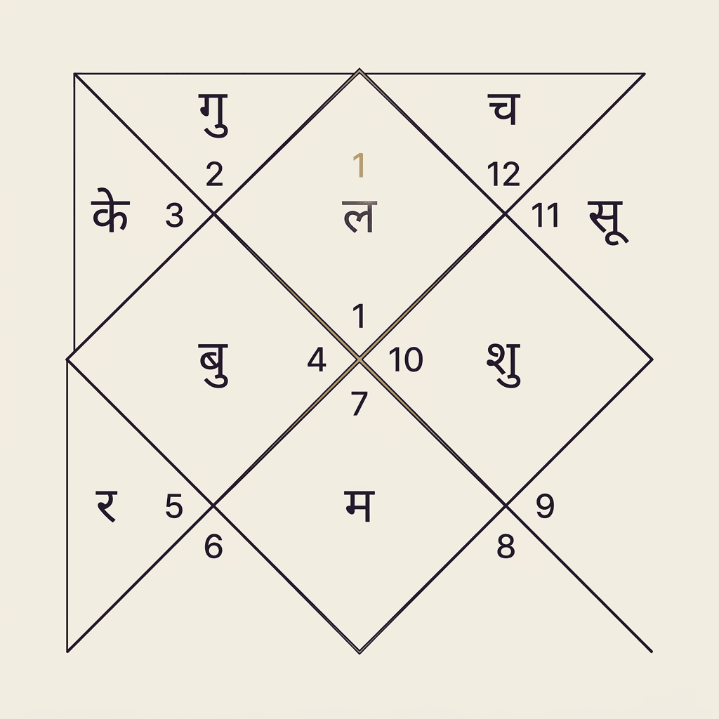 A beautiful flat vector diagram of a North Indian style diamond-shaped Vedic chart layout, containing Sanskrit planetary abbreviations and house divisions.
