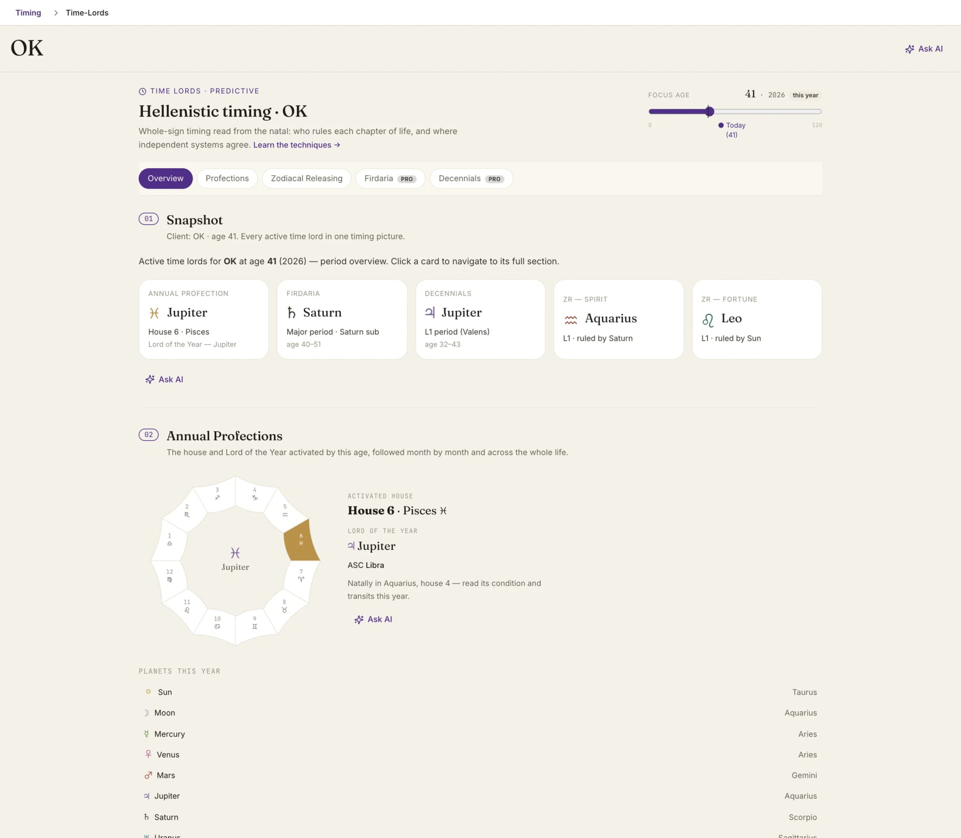 The Time lords module: profections, firdaria, decennials and zodiacal releasing on one overview