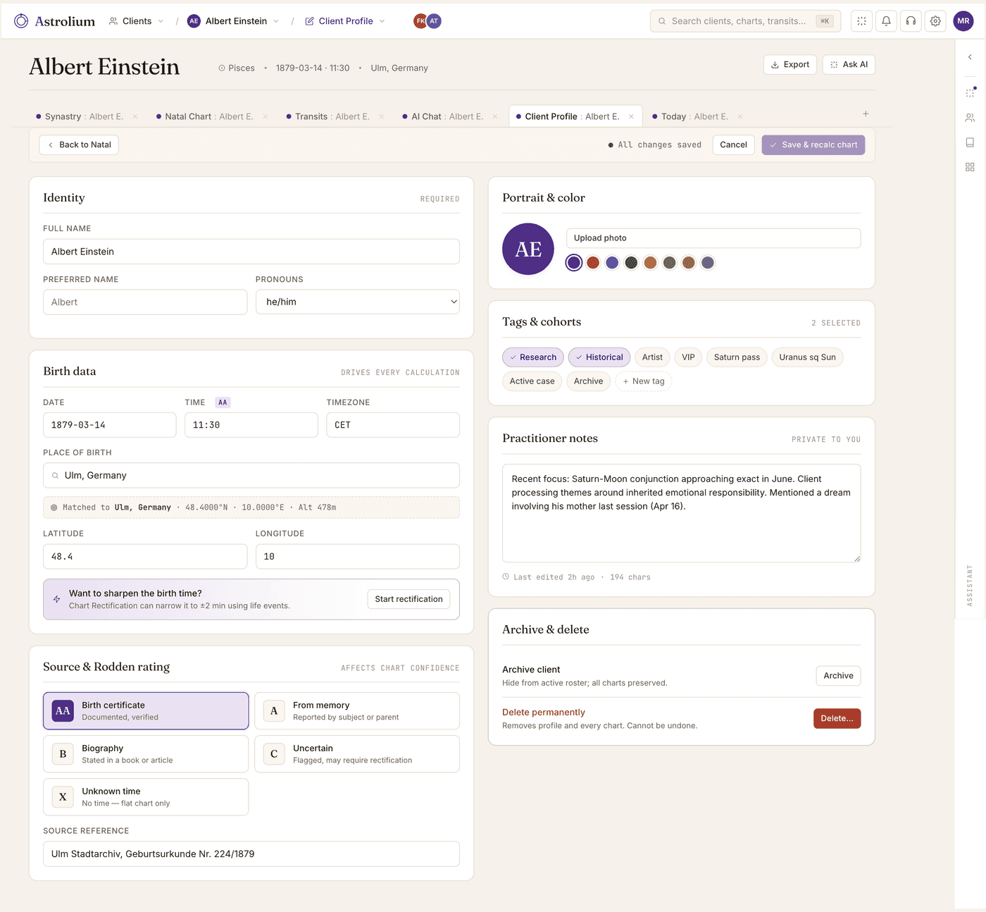 Perfil do cliente com histórico de sessões