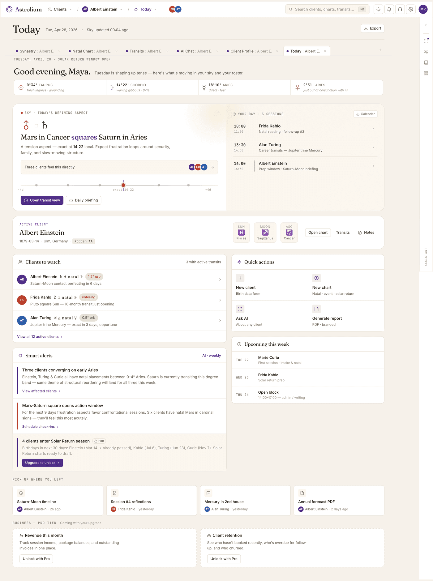 Tela Hoje do Astrolium — resumo matinal da sua base de clientes
